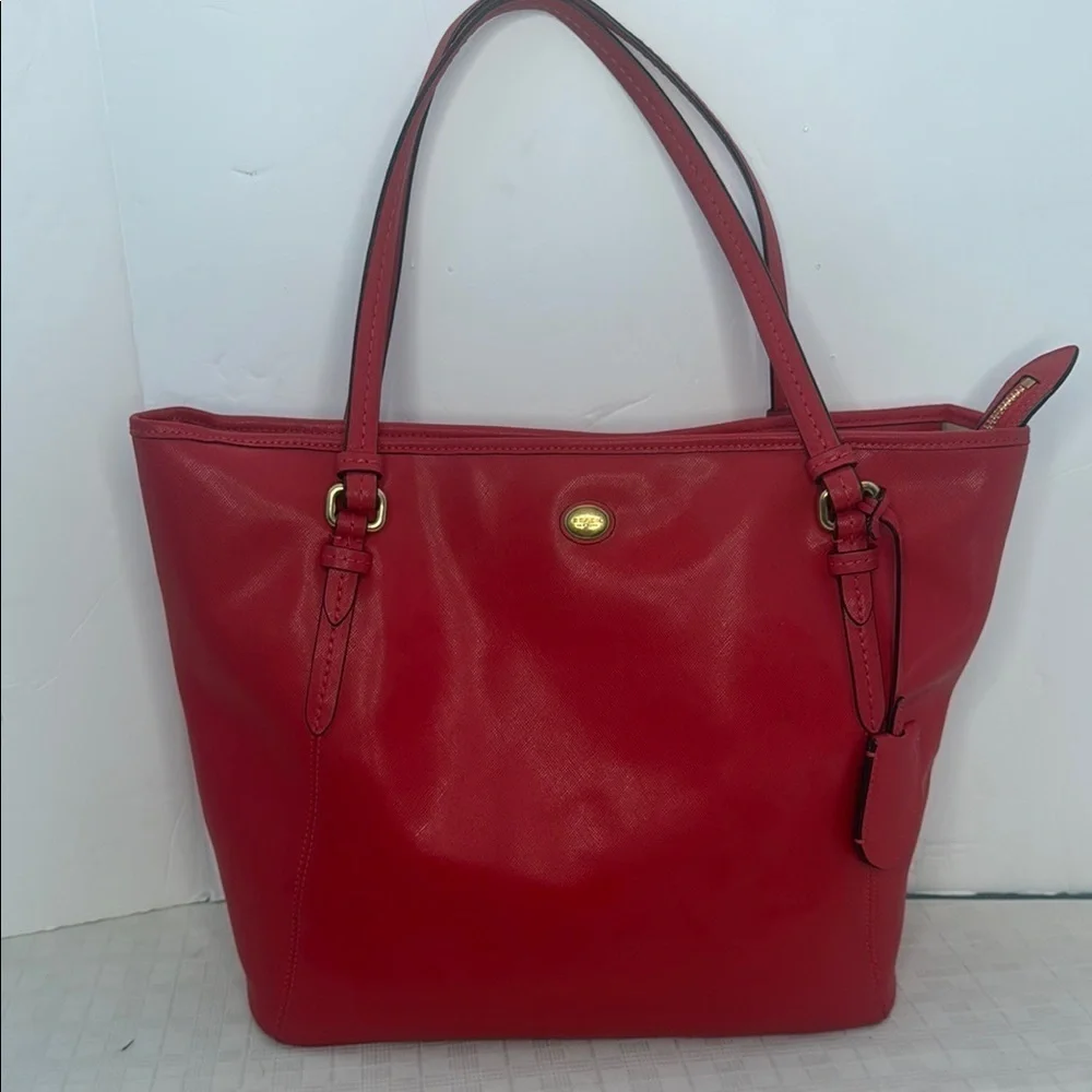 COACH PEYTON LEATHER ZIP TOP SHOPPER TOTE BAG PURSE PERSIMMON